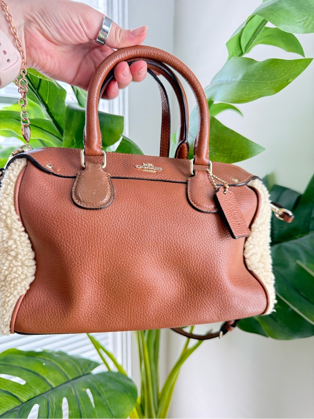 Coach Brown Pebbled Leather Satchel with Shearling Trim